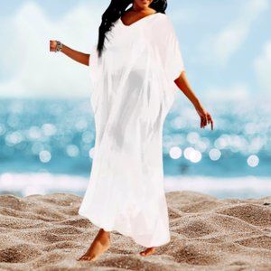 White Kaftan Sheer Maxi Beach Cover up Dress